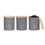 Innoteck Essentials Canister Set Tea, Coffee & Sugar - Round Charcoal Grey - Airtight Metal Canisters - Rust-Resistant and Easy to Open with Airtight Wooden Lids with Silicone Ring - Set of 3 Pcs