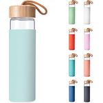 Yomious Borosilicate Glass Water Bottle with Bamboo Lid and Silicone Sleeve - 20 oz – BPA Free – Eco Friendly and Reusable – Leak Proof Design – Carry Strap Built Into Lid (Purist Blue)