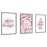 3 Pieces Inspirational Quotes Wall Art Framed Print for Girl's Room Decoration Nordic Peony Flower Poster Canvas Home Decoration