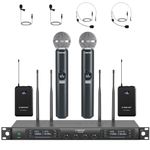 Phenyx Pro Quad Wireless Microphone System w/ 4x40 UHF Channels, Auto Scan, 2 Handheld Dynamic Mics, 2 Bodypacks & Headsets/Lapel Microphones for Singing, DJ, Church (PTU-7000-2H2B)