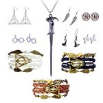 HJYZY 10 pcs Retro Triangle Wings Lightning Magic Hat Glasses Earring Set Magic Wand Pendant Necklace Deathly Hallows and Owls Charm with Black Leather Braid and Rope Bracelet