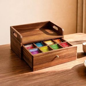 Acacia Wood Tea Bag Organizer with Drawer - Tea Station Chest and Storage Box, Coffee and Teabag Holder with 8 Compartments, Containers and Boxes for Countertop Display
