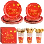 TabreMstr 175 Pieces Gold Disposable Party Dinnerware Set &Disposable Birthday Party Dinnerware -Red Paper Plates Napkins Cups, Gold Plastic Forks Knives Spoons