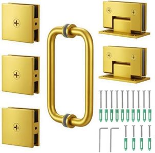 RemixOri Shower Door Hardware Kit 304 Stainless Steel for 6/25"-1/2" (6mm-12mm) Tempered Glass, Hardware Accessories with 8" Handles Hinges Glass Clamp - Brushed Gold