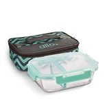 Allo FoodSafe 580ml x 1 Glass Microwave 450°C Oven Safe Lunch Box with Break Free Detachable Lock | High Borosilicate | Office Tiffin with Chevron Mint Flat Bag | Rectangle Divider