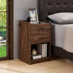 OLD CAPTAIN Nightstand with Wireless Charging Station，Modern Side Table with Drawers and Open Storage Shelf for Bedrooms (Walnut) …