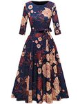 DRESSTELLS Womens Cocktail Navy Dresses Evening Dresses for Women 2024 Long Sleeve Casual Party Dress Navy Yellow Flower M