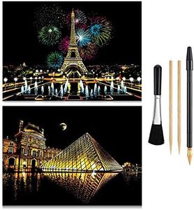 MIASTAR Scratch Paper Rainbow Painting Sketch Pads DIY Art Craft Night View Scratchboard for Adults and Teens - Scratch Painting Creative Gift - 2 Packs & Pen, Clean Brush, 16” x 11.2” (Paris/Louvre)