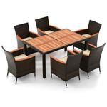 DORTALA 7-Piece Patio Dining Set, Acacia Wood & Rattan Table and 6 Stackable Chairs with Cushions, Umbrella Hole, Outdoor Wicker Furniture Set for Balcony Garden Poolside