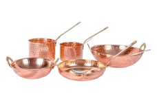 PEAKHILL_Pure Copper Cookware Set 10 Piece Set with Serving Spoon (Copper Sauce Pan Set | Kadhai Set | Fry Pan) with Brass Handle for Cooking