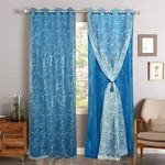 Dashing Fabrics 2 IN1 Back Velvet Classic Grommet with Sky Embroidery Floral Door Curtains - 1 Pair (8 Feet,Aqua Blue Velvet)