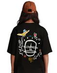 JUNEBERRY® Oversized Loose Baggy Fit Drop Shooulder Half Sleeves Pure Cotton Happy Guy Graphic Printed Black T-Shirt for Women & Girls