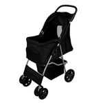 Pet Stroller Pushchair Black Carrier Foldable Trolley Travel Cart 15kg Capacity 4 Wheels Brakes Cat Dog Safety Snap Hook Leash Cushion Canopy Mesh Windows Basket Cup Holders FREE Waterproof Rain Cover