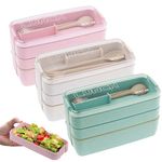 3 Pack Lunch Box Bento Box Set, Stackable Japanese Lunch Containers with Spoon & Fork Leakproof Bento Lunch Boxes Meal Prep Containers (Green/Pink/Beige)