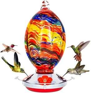 Glass Hummingbird Feeder for Outdoors, Leak Proof Hanging Hummingbirds Gifts for Women - Ant Moat & Hang Hook Included, Metal Base with 4 Feeding Ports & Perch, 32 Fluid Oz, Best Garden Decor