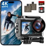 syndesmos Action Camera 4K 60FPS, 40M Ultra HD Underwater Camera, 30MP EIS Anti-Shake WiFi Action Cam with Dual Touch Screen, 64GB Card, Remote Control, Waterproof Case and Mounting Accessories Kit