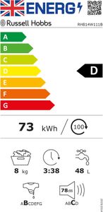 Russell Hobbs 8kg Freestanding Washing Machine – 1400rpm, Black, 15 Programmes