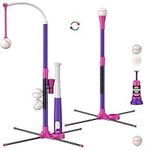 HYES 3 in 1 T Ball Set for Kids 3-5, Kids Baseball with Hanging Tee/Standing Tee/Automatic Launcher/6 Softballs, Adjustable Height Toddler Baseball Sets Indoor Outdoor Sport Gifts Toys for Girls