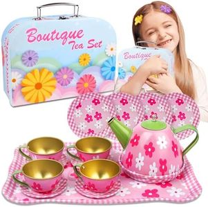 SMILESSKIDDO 15pcs Tea Party Set for Little Girls - Princess Tea Party Sets,Kids Kitchen Pretend Play Toys - Toddler Tea Party Sets for Girl 3-5, Girls Tea Party Set Gift for 3 4 5 6 7 8 Girl (Pink)