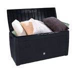 Vivo Technologies 310L Garden Waterproof Storage Box Chest Outdoor Storage Boxes Cushion Box and Garden Furniture Organizer with Hinged Lid Handles Wheels Wicker Look, Black