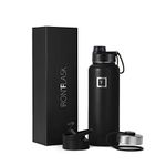 IRON °FLASK Camping & Hiking Hydration Flask, Wide Mouth, 3 Spout Lids, Stainless Steel Outdoor Water Bottle, Double Walled, Insulated Thermos, Metal Canteen - Midnight Black, 40 Oz