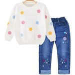 Peacolate 3-7Years Little Baby Girls Pants Set 2pcs Cotton Sweater and Embroidered Bootcut Jeans(white flower,3Years)