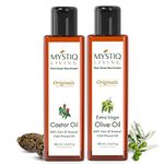 Mystiq Living Extra Virgin Olive Oil and Castor Oil Combo for Skin, Hair & Body | Cold Pressed, 100% Pure and Natural - 100 ML each (200 ML)