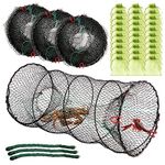 Fishing Bait Trap, 3pcs Collapsible Crab Trap for Minnow Crawfish Crawdad Lobster Shrimp, Folding Fishing Cast Net with 118FT Casting Rope, Bait Bag (B-Dia.11.8”x 25.2”Max.)