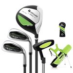 Tangkula Kids Golf Club Set for Children Age 5-7 Right Hand, Junior Complete Golf Club Set with 205CC #3 Fairway Wood & #7/#S Irons & Putter, Head Cover & Rain Hood, Golf Stand Bag (Green)