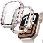 JZK 2-Pack Bling Case with Tempered Glass for Apple Watch Series 10 42mm Screen Protector,Women Glitter Diamond Rhinestone Bumper Crystal Cover for iWatch 10 42mm Accessories,Rose Gold+Starlight