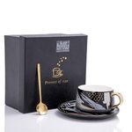 JustBrew Tea Cup Set Of 1, Black | Ceramic Made Cup, Spoon & Saucer With Gold Coated Stirrer | Long Tail Stirrer/Spoon For Quick Tea Infusion | Premium Festive Gifting Set 200Ml