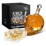 Oak & Steel - Skull Glass Decanter and 6 Skull Glass Shot Glasses, Premium Wine and Whiskey Dispenser, Halloween Birthday Gift Set Idea - 700ml