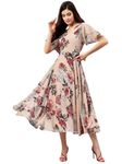 SMOWKLY Women's Georgette Floral Printed Indo-Western Ethnic Gown || Half Sleeve V Neck Fit & Flare Flared Hem Design || Casual Wear A-Line Maxi Dress 1327_BG_L Beige