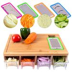 Vencier Bamboo Chopping Board with 4 BPA Free Plastic Drawer/Trays with Lids Kitchen Set-100% Natural Robust Bamboo Wood-Wooden Chopping Boards Cutting Board/Chopping Board Set, (148VR)