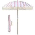 Muuyorr 180cm Sunshade With Tilting Function, Retro Tassel Garden Umbrella, Pink Striped Tassel Parasol, Beach Parasol Patio, Solid Wood Shaft, UV Protection, No Base(Color:Pink and white stripes)