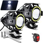 Motorcycle Headlight U7 LED Fog Lights Spotlight Daytime Running Lights with White Angel Eyes Halo Ring and Switch 2-sets