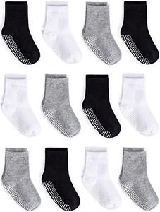 Zaples Grip Crew Socks with Non Slip/Anti Skid Soles for Baby Infants Toddlers Kids Boys Girls, Assorted 12 Pack, 1-3T