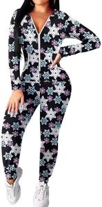 Ekouaer Christmas Onesie Women Hooded Jumpsuit Long Sleeve Zip Up One Piece Pajamas Novelty Sleepwears Christmas Black Snowflake XXL