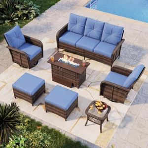 Aoxun 7-Piece Wicker Rattan Patio Furniture Set with 44" Fire Pit Table