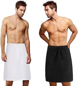 Newwiee 2 Pcs Men's Bath Towel Wrap Adjustable Body Shower Wrap for Men Sauna Spa Microfiber Waffle Quick Absorbent Towel for Men Dorm Room Gym, 59 x 24 Inches/ 150 x 61 cm(Black, White)