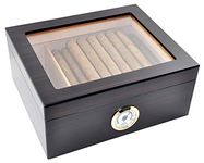 DUCIHBA Cigar Humidors Case Holds 25-50 Cigars, Tempered Glass Top Display, Handcraft Spanish Cedar Wood Desktop Storage Cigar Box with Divider, Humidifier and Hygrometer, Ebony Black Finish