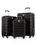 COOLIFE 3 Piece Luggage Set for Family Travel, Overseas Travel, ABS+PC, Lightweight Durable Suitcase with 360°Rubber Spinner Wheels, YKK Zipper, Telescopic Handle, TSA Lock, Black