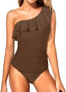 Yonique Women's Two Piece Swimsuits One Shoulder Tankini Tummy Control Bathing Suits Ruffle Swimwear Brown S