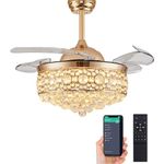 YOLIZUOT 42" Dimmable Fandelier Crystal Ceiling Fans with Lights and Remote, Invisible Retractable Blade Chandelier Ceiling Fan Timing/6 Speed/for Bedroom/Living Room/Office/Dining Room