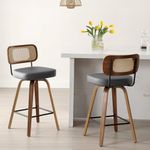 Bekrvio Swivel Counter Height Bar Stools Set of 2, Upholstered Faux Leather Barstools with Rattan Back, 26" Seat Height Bar Chairs for Kitchen Island, Bentwood Wood Frame, Grey