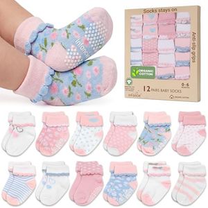 Baby Socks 12 Pairs - Non-Slip Infant Grip for Newborns & Toddlers 0-6 Months, Boys & Girls, Safe for Walking