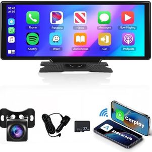 Portable Car Stereo with Wireless Carplay Android Auto, Rimoody 10.26 inch Touchscreen Portable Car Play Screen with Siri Transmission Bluetooth Rear Backup Camera Voice Control TF Card 9V-36V