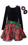 Bonnie Jean Holiday Christmas Dress - Classic Plaid with Velvet with Hair Accessories, Long Sleeve Scrunchies, 7