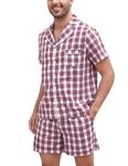 Irdcomps Men's Pyjamas Set Cotton Short Sleeves Pjs Loungewear Plaid 2 Piece Nightwear Soft with Pockets Summer Sleepwear for Men A-Dark Grey,XL Wine Red,XL