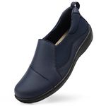 Hueneph Women's Comfort Leather Loafers Cute Casual Slip On Lightweight Walking Flats Everyday Work Shoes, Navy, 8